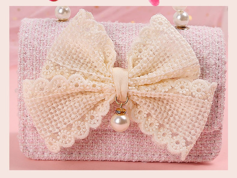 The Pastel Tweed Pearl Handbag | Oversized Lace Bow | Sydney Stock