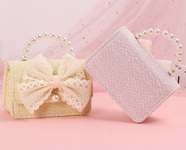 The Pastel Tweed Pearl Handbag | Oversized Lace Bow | Sydney Stock