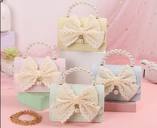 The Pastel Tweed Pearl Handbag | Oversized Lace Bow | Sydney Stock