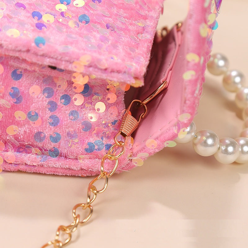 Velvet Sparkle Sequin Handbag | Pearl Handle & Holographic Bow | Sydney Stock