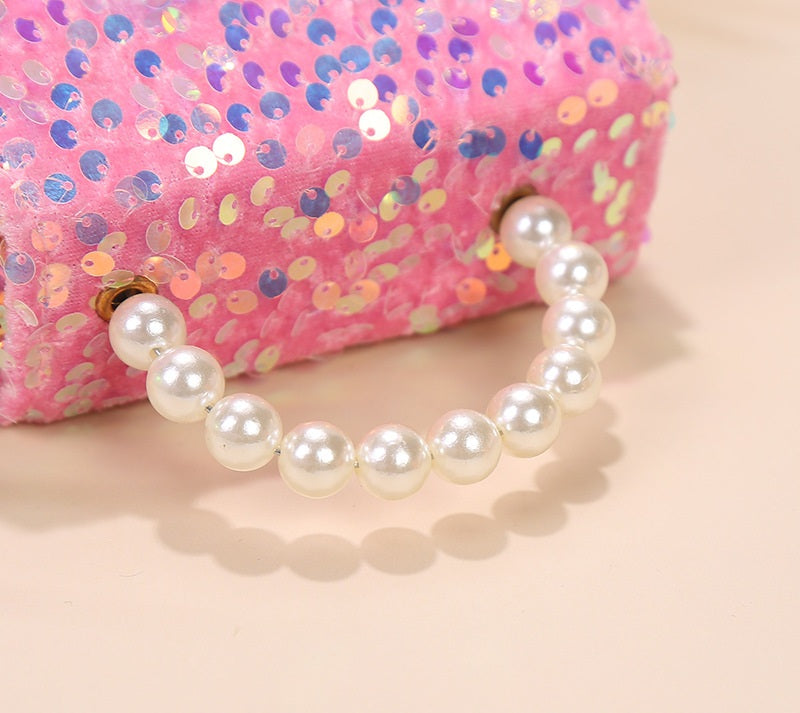 Velvet Sparkle Sequin Handbag | Pearl Handle & Holographic Bow | Sydney Stock