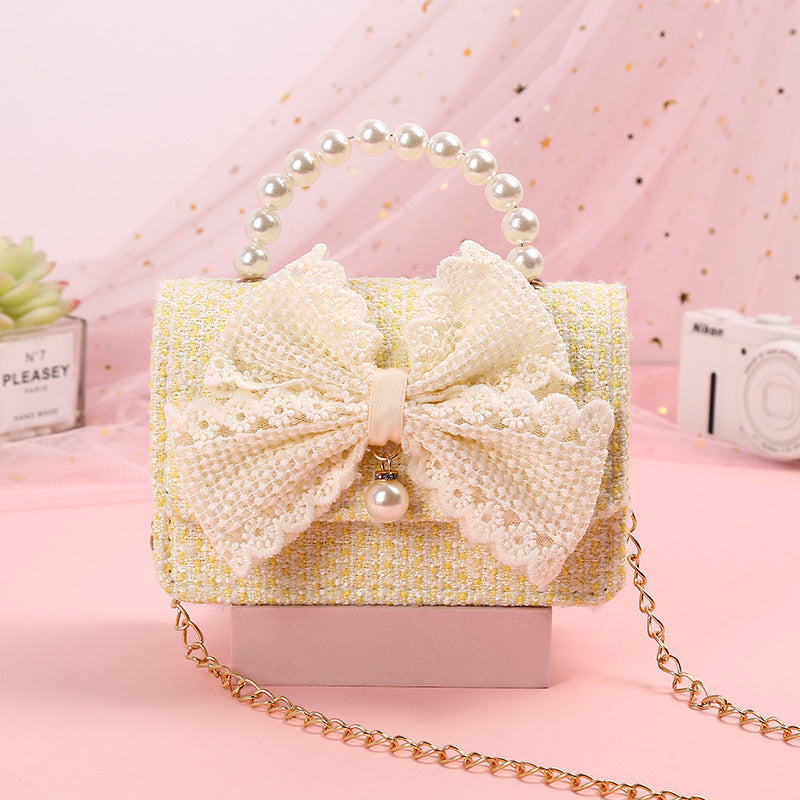 The Pastel Tweed Pearl Handbag | Oversized Lace Bow | Sydney Stock