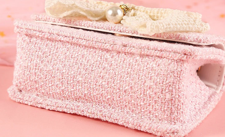 The Pastel Tweed Pearl Handbag | Oversized Lace Bow | Sydney Stock