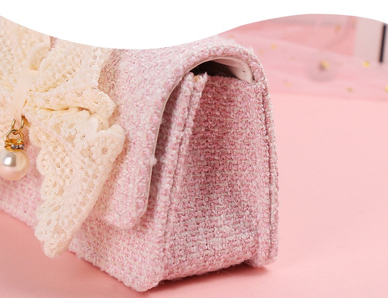 The Pastel Tweed Pearl Handbag | Oversized Lace Bow | Sydney Stock